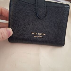 kate spade Black Pebbled Leather Compact Wallet with Gold Logo